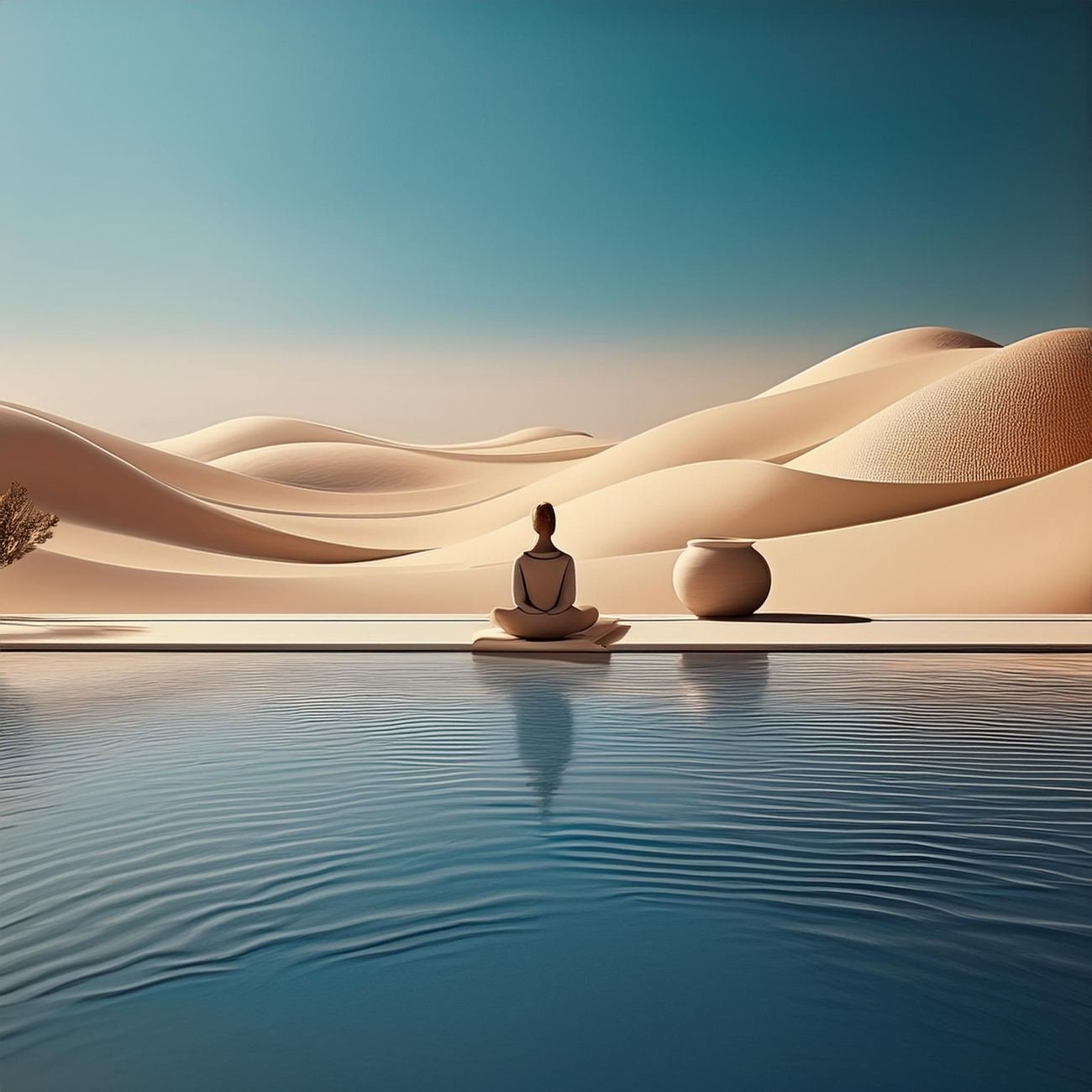 A figure sitting still at the edge of the water, among the dunes