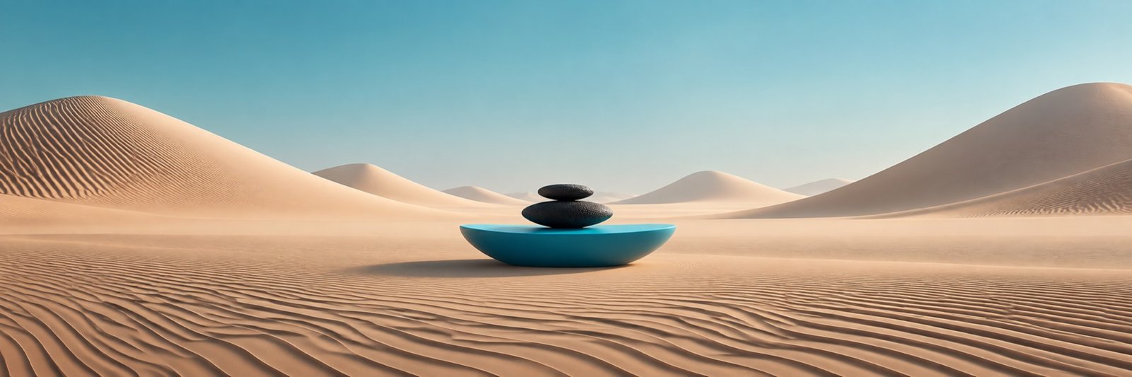 Dark stones resting on a turquoise dish among the dunes