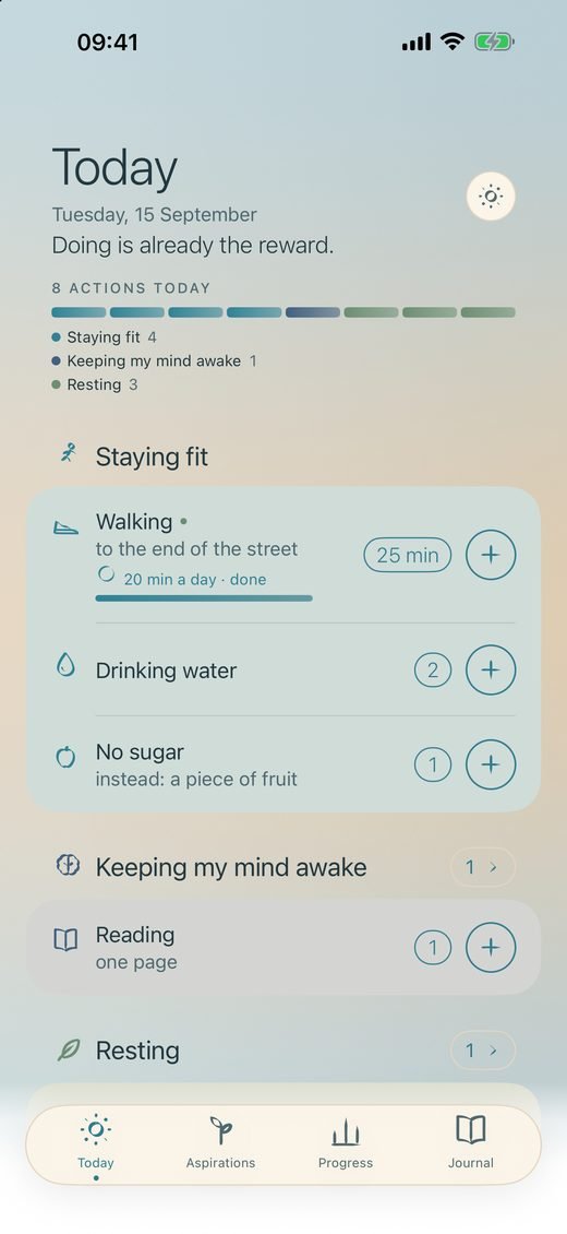 The Today screen, with the behaviors already recorded